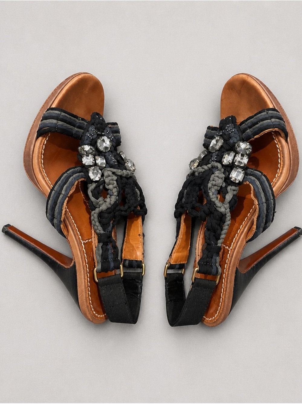 Lanvin Paris Embellished Sandals Black Leather Heels EU 38.5 Made Italy